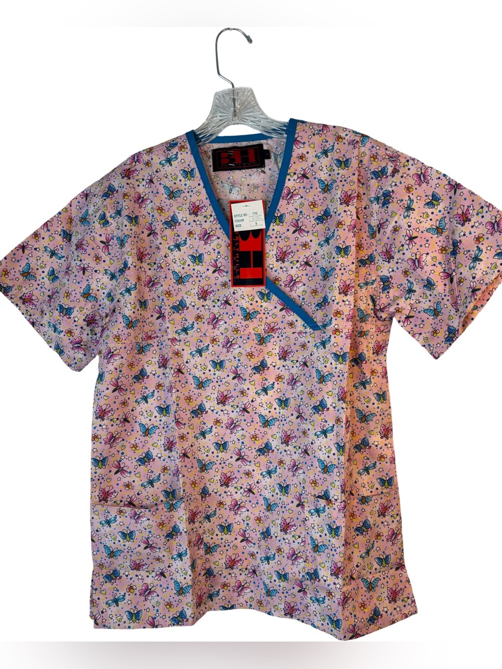 Pink Butterfly-Print V-Neck Scrub Top with Blue Trim NWTs